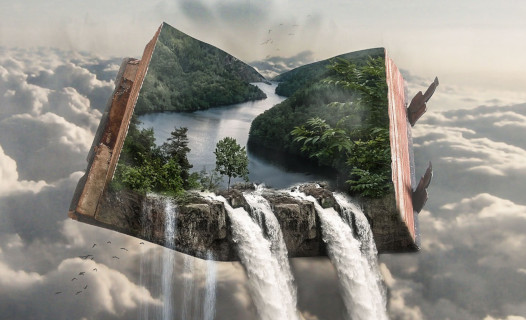 Fantasy book with waterfalls